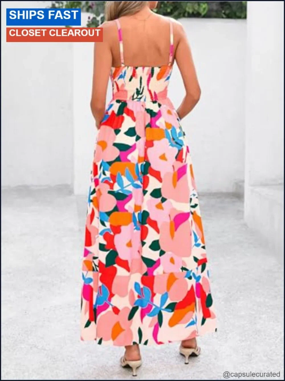 Boho Floral Striped Summer Maxi Dress Spaghetti Strap Viscose